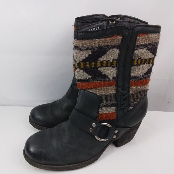 Born Panarea Southwestern Wool Black Leather Zip-Up Boots Moto Womens Size 7 38 - Picture 7 of 14